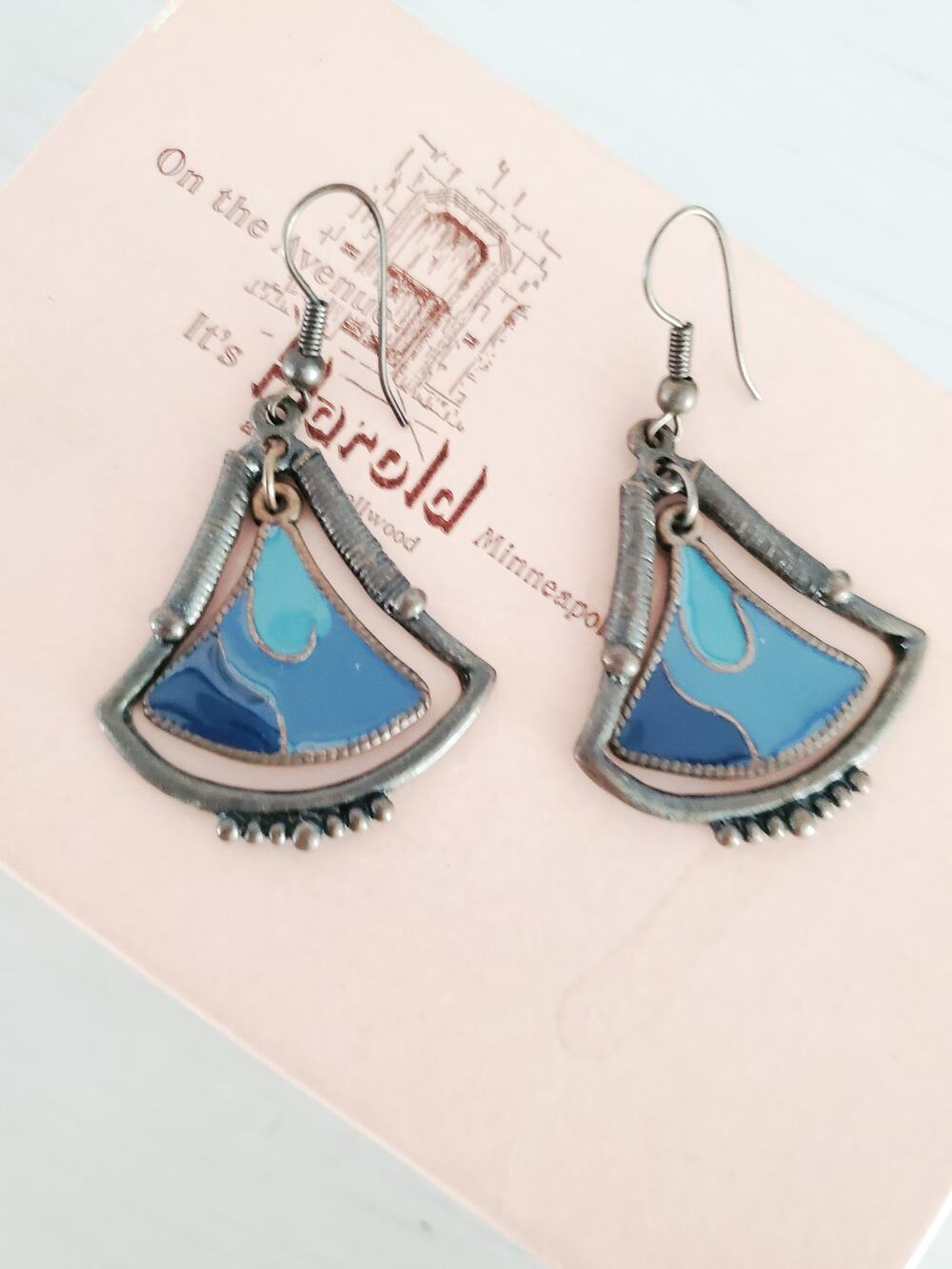 Vintage Silver-tone Blue Enamel Fan Dangle Earrings